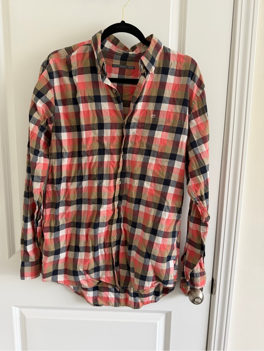 Southern Tide Coral Navy Olive Plaid Button-Down Shirt